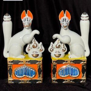 Mid-Century Japanese Porcelain Fox Statues Bold Inari Shrine Pair Kitsune Inari